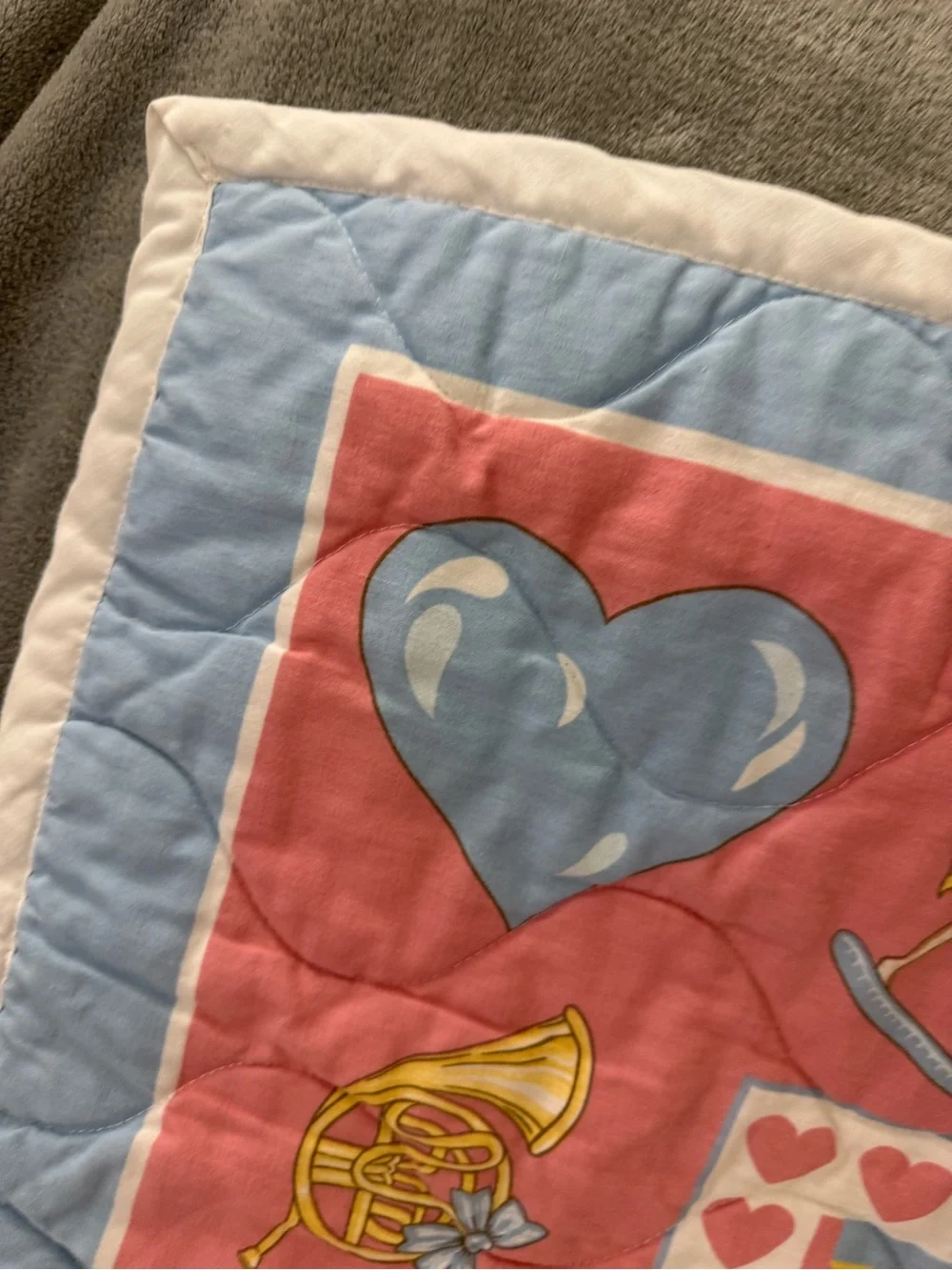 Stitched Teddy Bear Baby Quilt Blanket W/ Rocking Horses & Hearts - Vintage